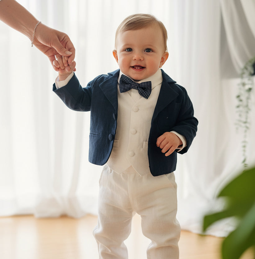 Boys white vest with white linen suit and navy jacket set