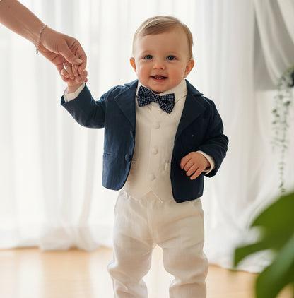 Boys white vest with white linen suit and navy jacket set