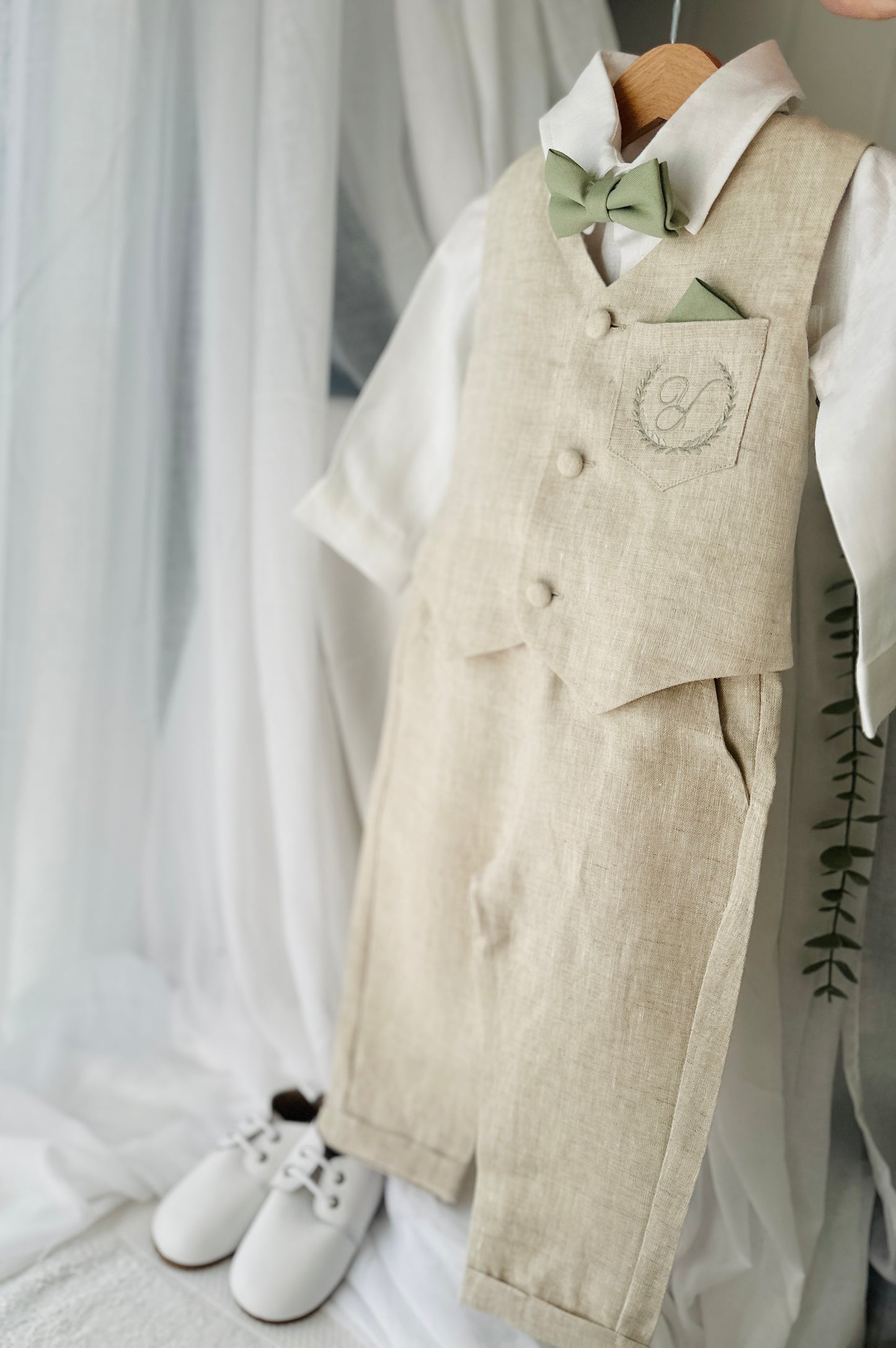 Beige Linen vest suit, shirt, pants, suspenders and bowtie plus optional jacket, cap and shoes