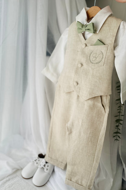 Beige Linen vest suit, shirt, pants, suspenders and bowtie plus optional jacket, cap and shoes