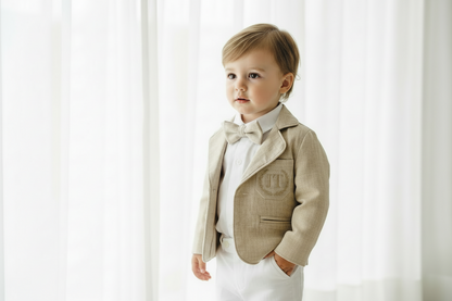 White linen vest suit with beige linen jacket and accessories