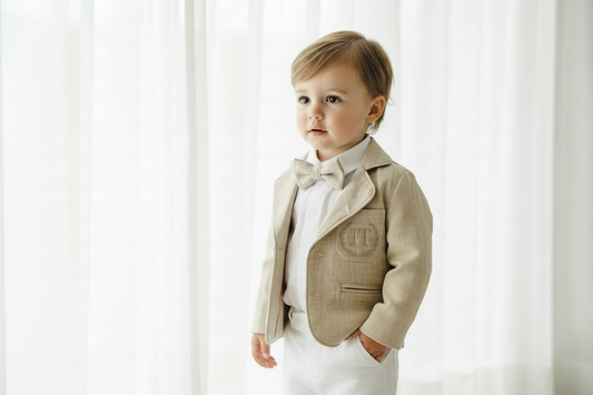 Boys White and Beige linen set with vest, shirt, pants, suspenders and bowtie plus optional jacket, cap and shoes
