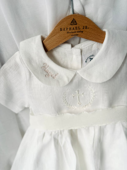 Pure Linen knee length Baptism Dress with embroidery and bloomers and optional ribbon