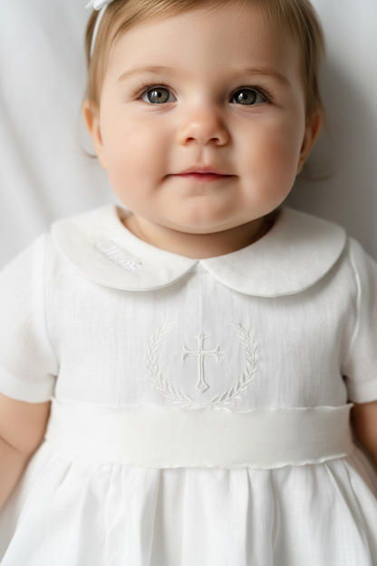 Pure Linen knee length Baptism Dress with embroidery and bloomers and optional ribbon