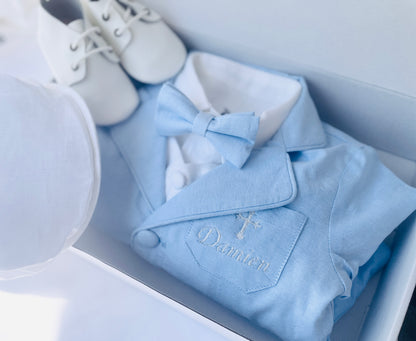 Baby and Toddler Boys white linen outfit with vest, shirt, pants, suspenders and bowtie plus optional blue blazer