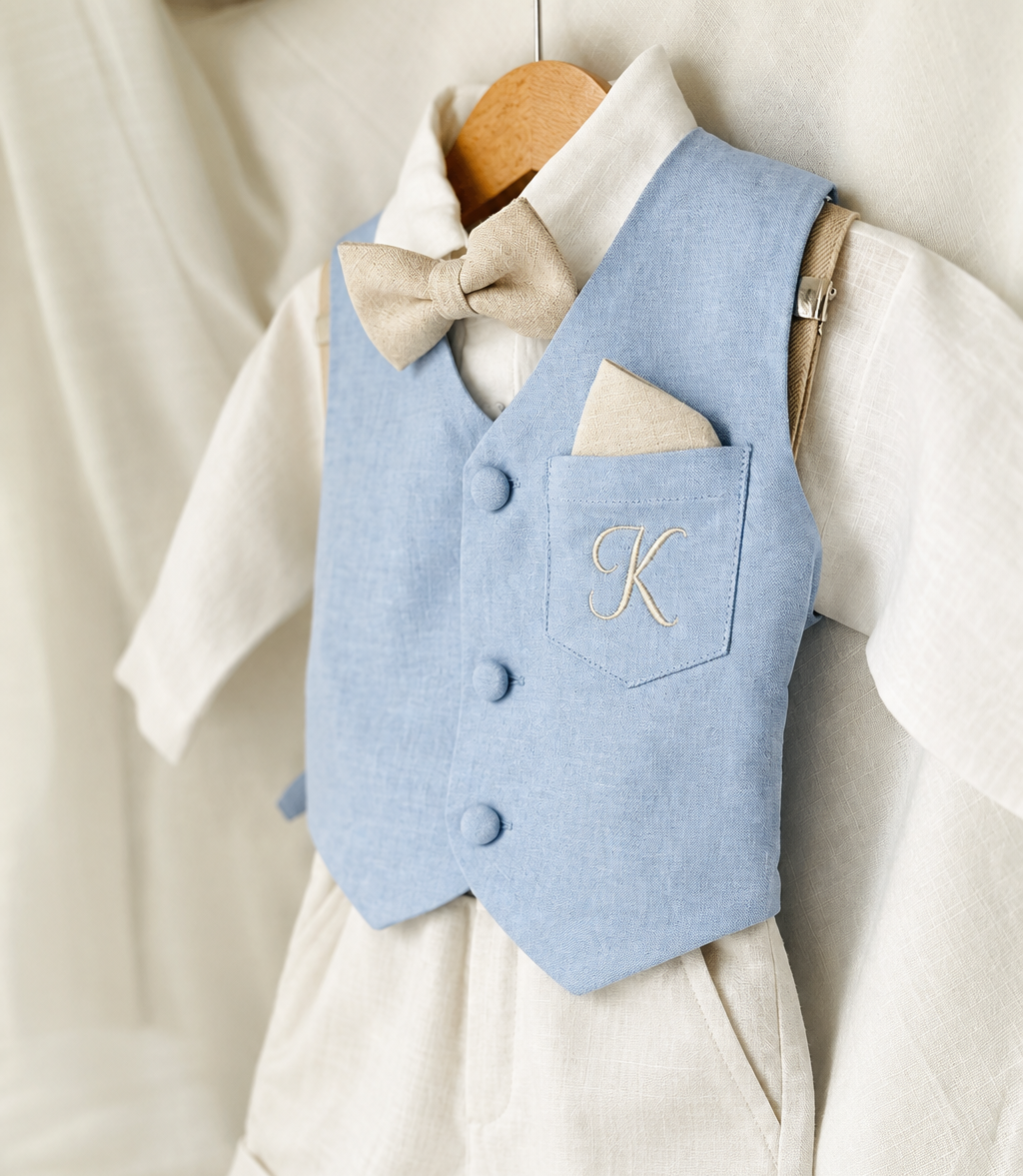 White linen suit with pale blue vest