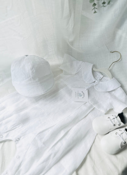 Linen Baptism 3/4 length jumpsuit with optional cardigan and embroidery