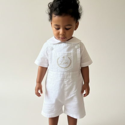 Boys white pure linen overalls suspender shorts with optional linen blouse and embroidery