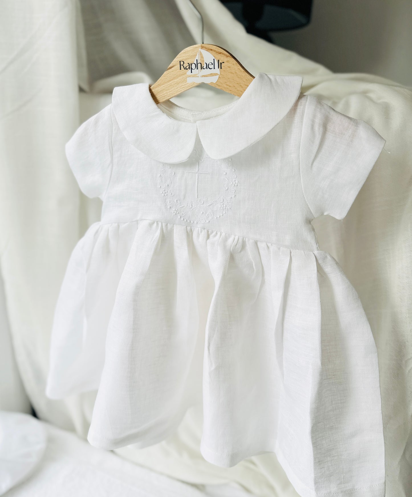 Pure Linen knee length Baptism Dress with embroidery and bloomers and optional ribbon