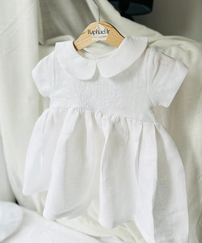 Pure Linen knee length Baptism Dress with embroidery and bloomers and optional ribbon