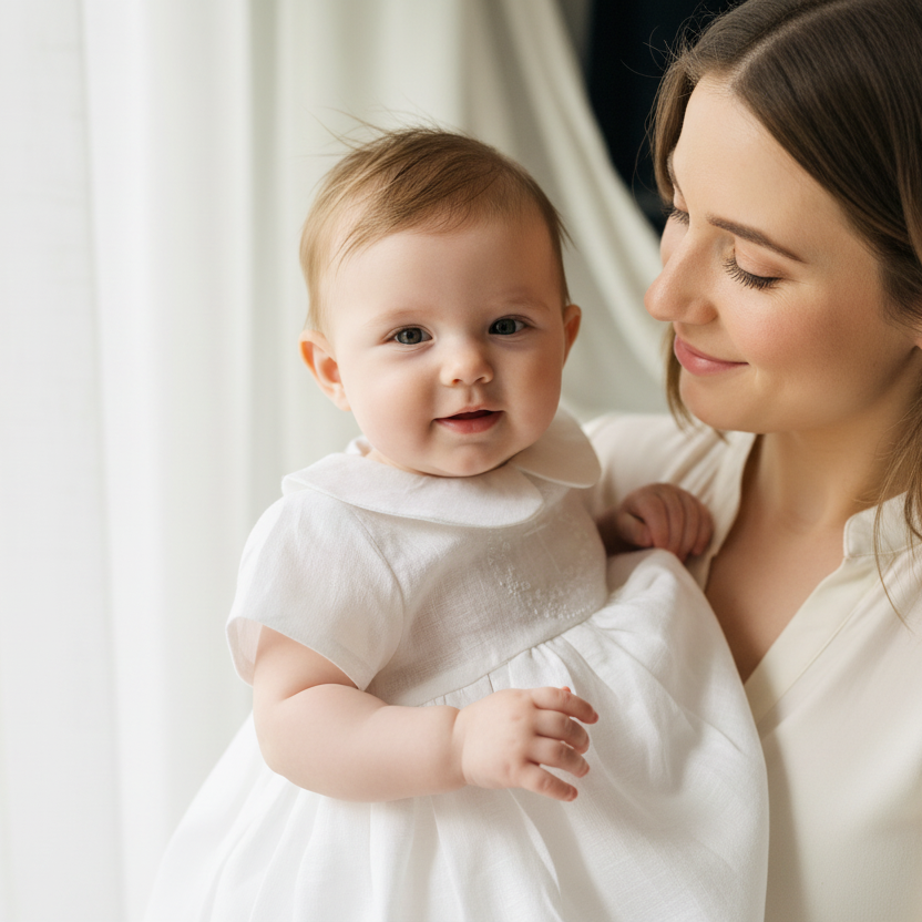 Pure Linen knee length Baptism Dress with embroidery and bloomers and optional ribbon