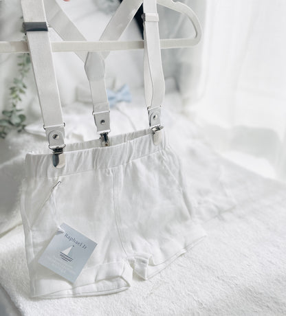white linen suspender shorts for baby and children by Raphael Jr
