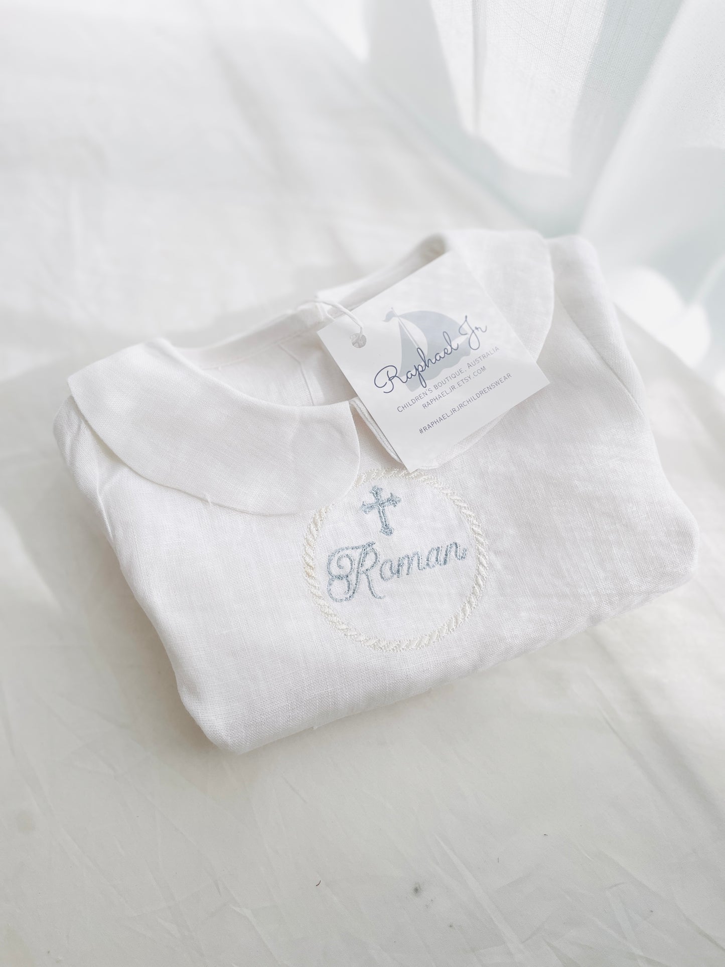 Linen Baptism peter pan collar romper outfit with optional embroidery customisation