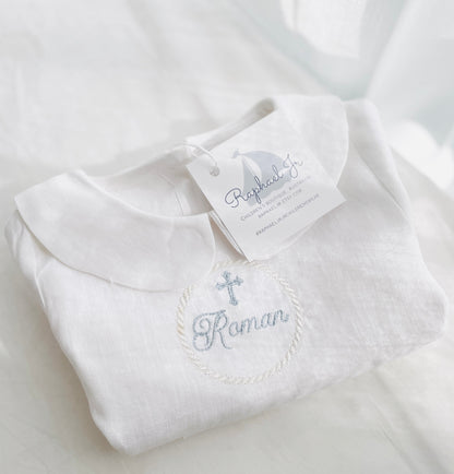 Linen Baptism peter pan collar bubble romper with optional embroidery customisation