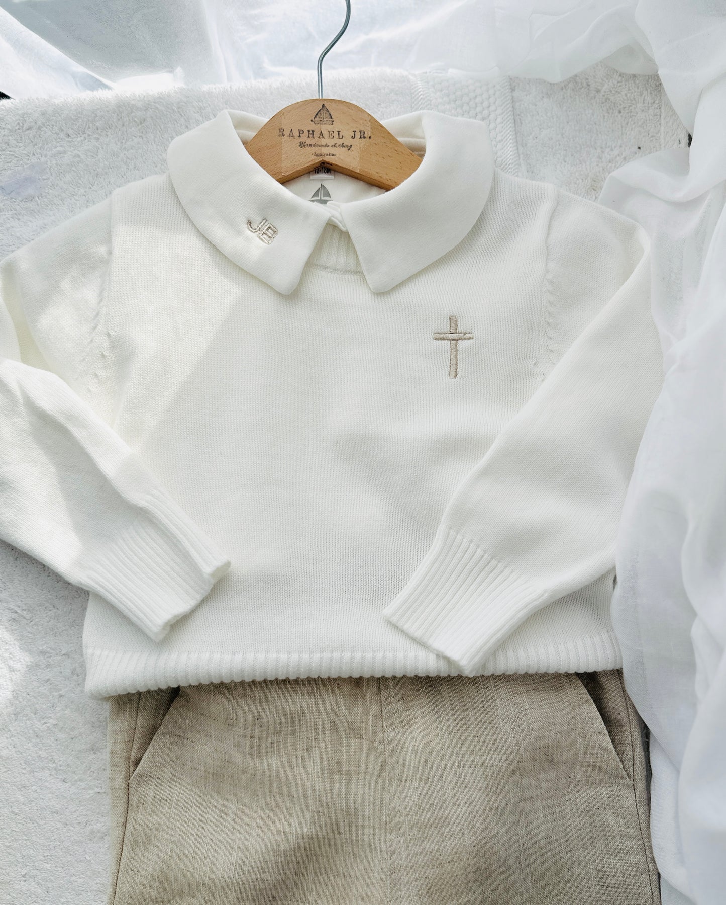Baptism outfit with cotton onesie and jumper and linen pants