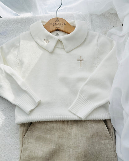 Baptism outfit with cotton onesie and jumper and linen pants