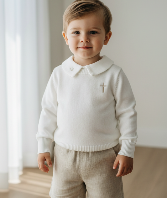 Baptism outfit with cotton onesie and jumper and linen pants