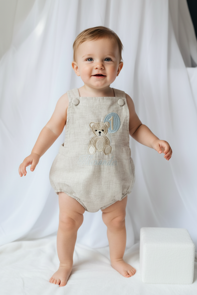 Beige and white linen Birthday and Baptism romper and blouse set