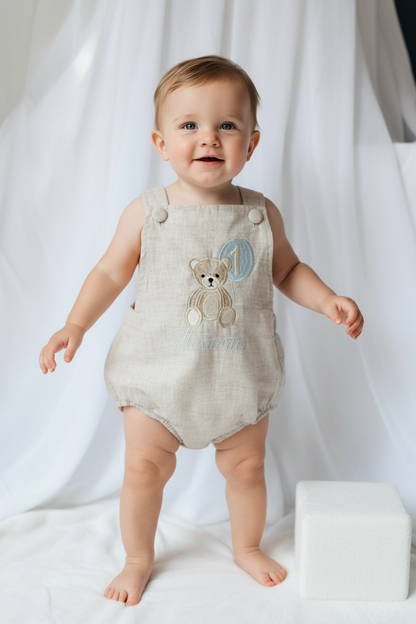 Beige and white linen Birthday and Baptism romper and blouse set