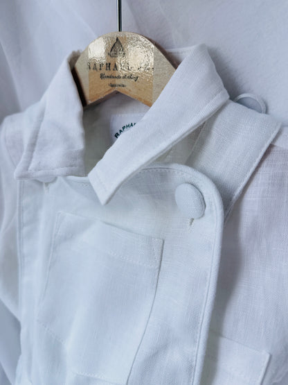 Boys white pure linen overalls suspender shorts with optional shirt and embroidery