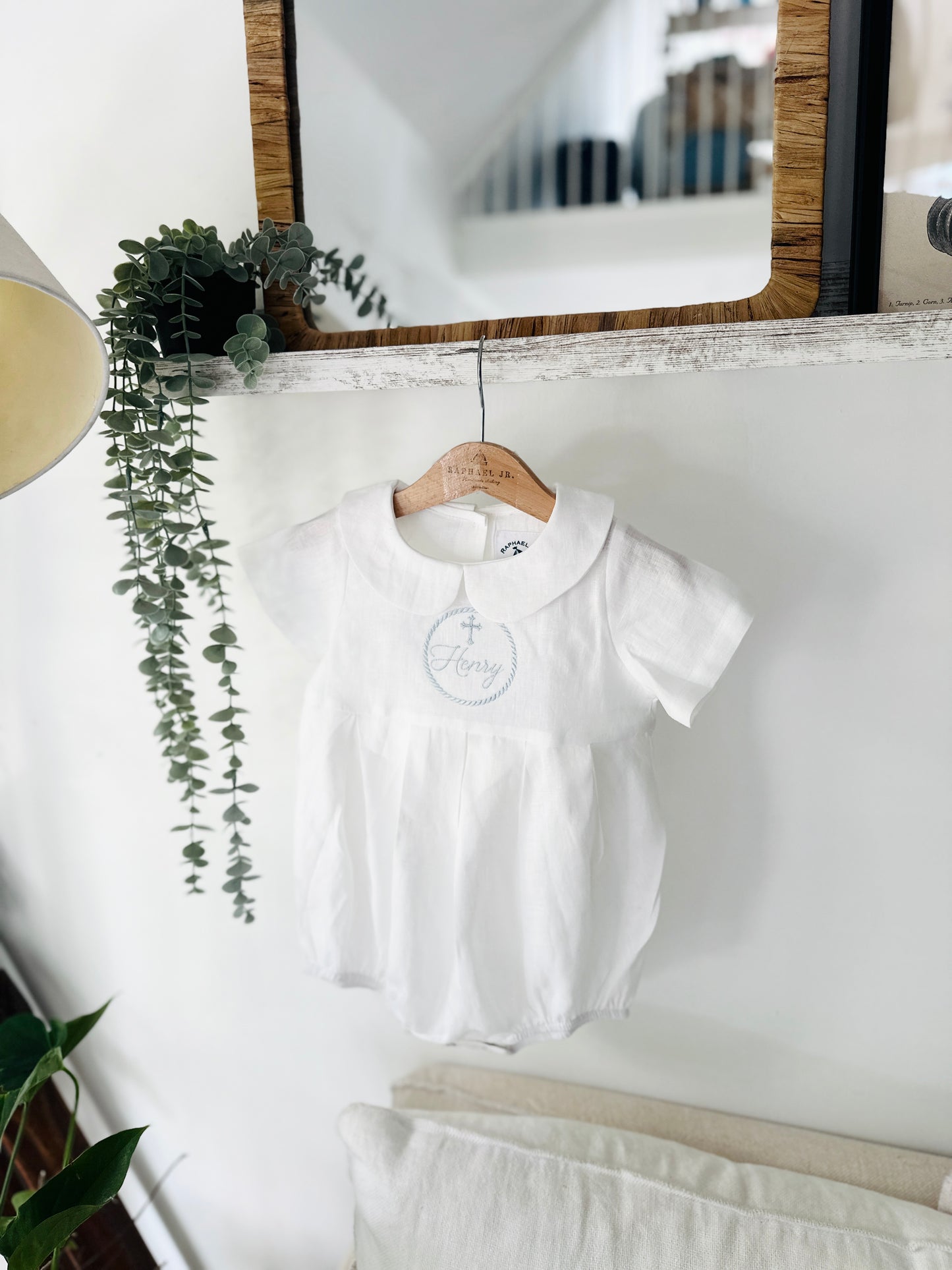 Linen Baptism peter pan collar bubble romper with optional embroidery customisation