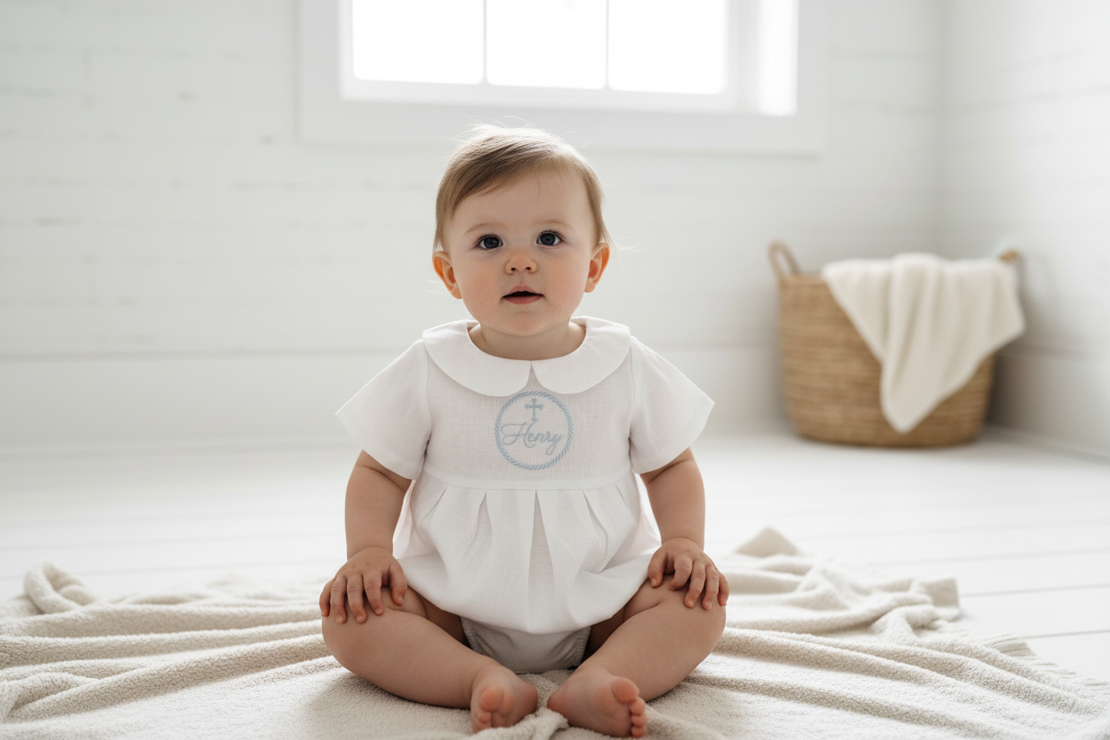 Linen Baptism peter pan collar bubble romper with optional embroidery customisation