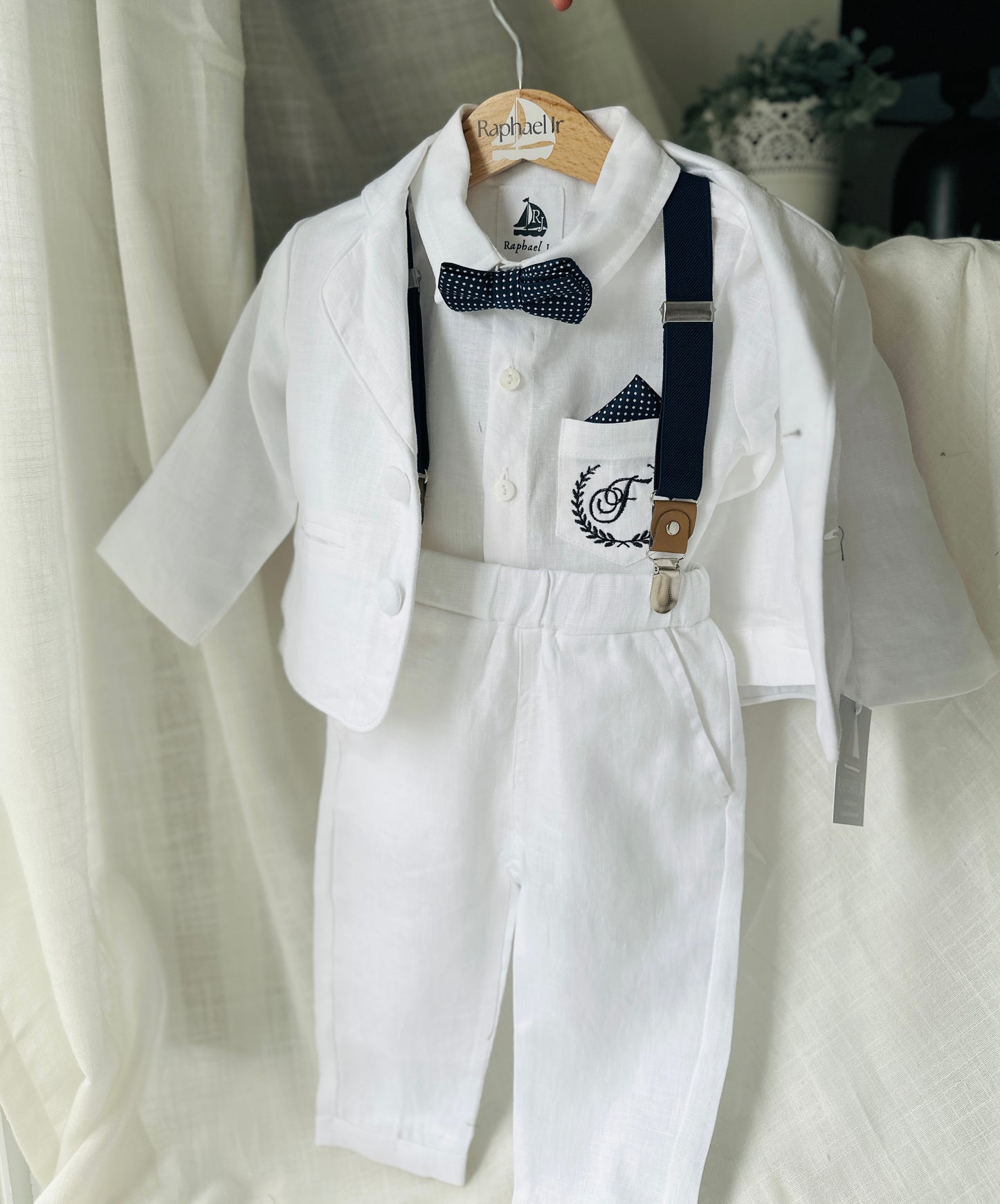 White linen Baptism suit set with pants, shirt, suspenders and bowtie plus optional jacket and extras