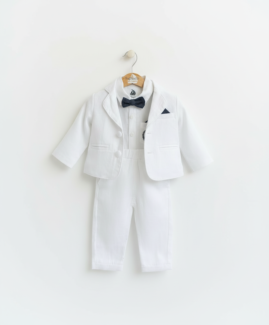 White linen Baptism suit set with pants, shirt, suspenders and bowtie plus optional jacket and extras