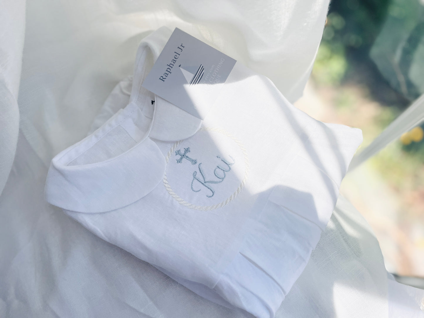 Linen Baptism peter pan collar romper outfit with optional embroidery customisation