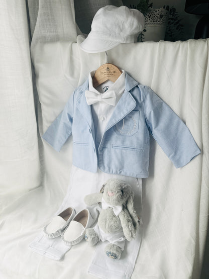 White linen Baptism Suit outfit with optional blue jacket and Accessories