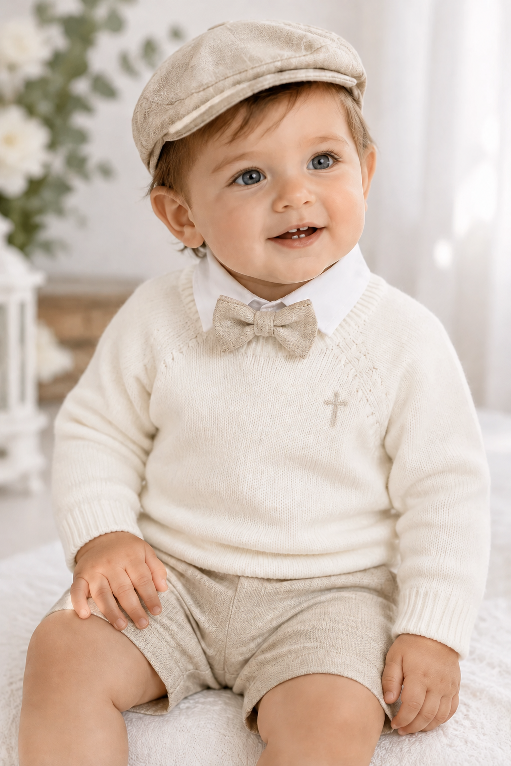 Baptism outfit with linen shirt, jumper and linen shorts