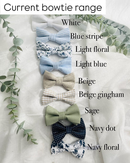 Boys pale blue shorts with linen shirt, blue suspenders and bow tie outfit plus optional extras