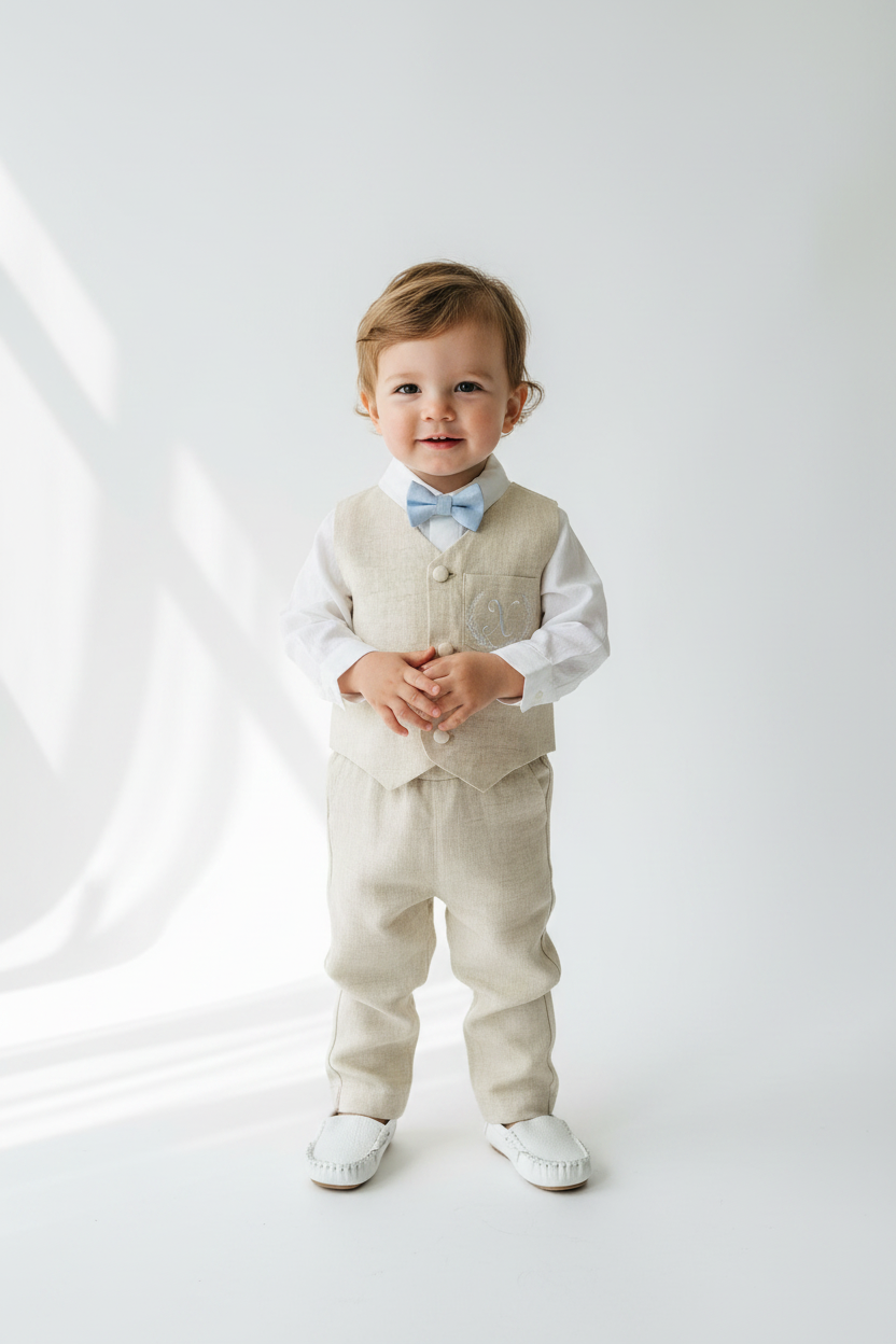 Beige Linen vest suit, shirt, pants, suspenders and bowtie plus optional jacket, cap and shoes