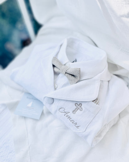 Boys White linen Baptism blazer jacket with optional embroidery