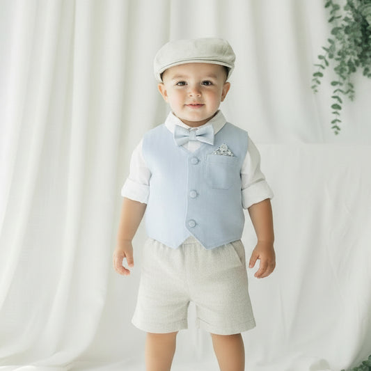 Pale blue and Beige linen summer set with blue vest, white shirt, beige shorts, suspenders and blue bow tie