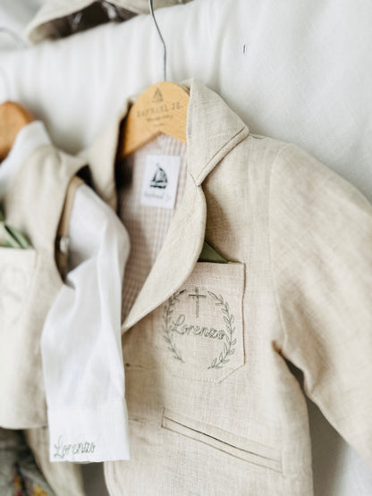 Beige Linen Shorts Shirt Suspenders and Vest set with Optional Cap Jacket and Embroidery