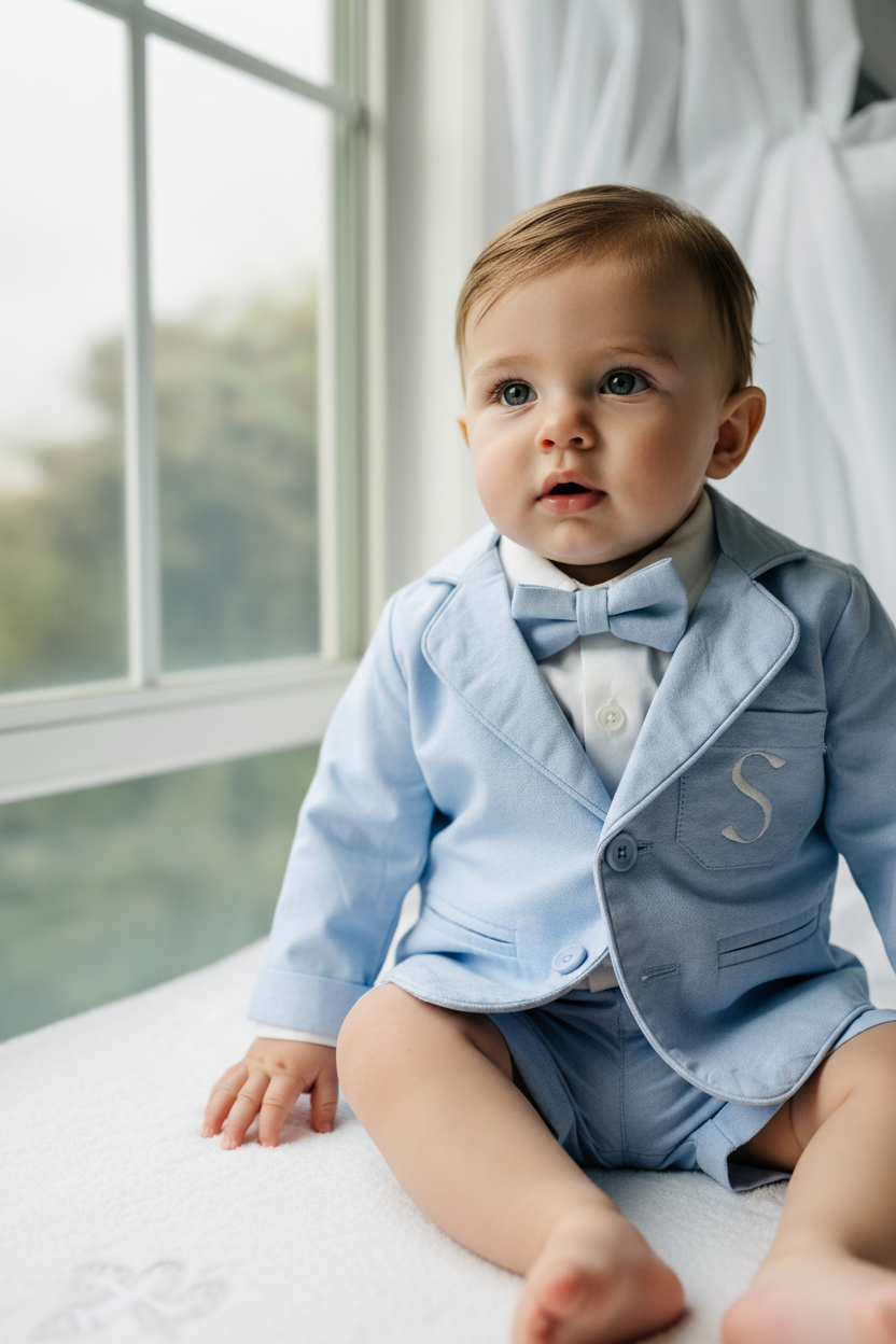 Pale blue summer vest set with blue vest, suspender shorts white shirt and blue blazer