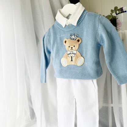 Pale blue teddy or hot air balloon jumper knit