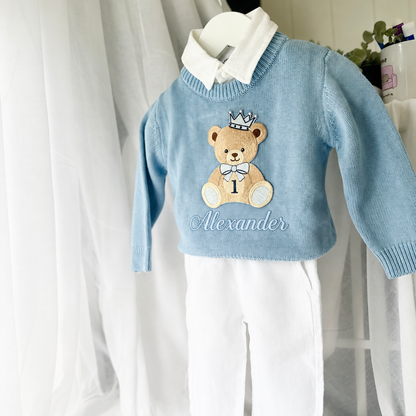Pale blue teddy or hot air balloon jumper knit