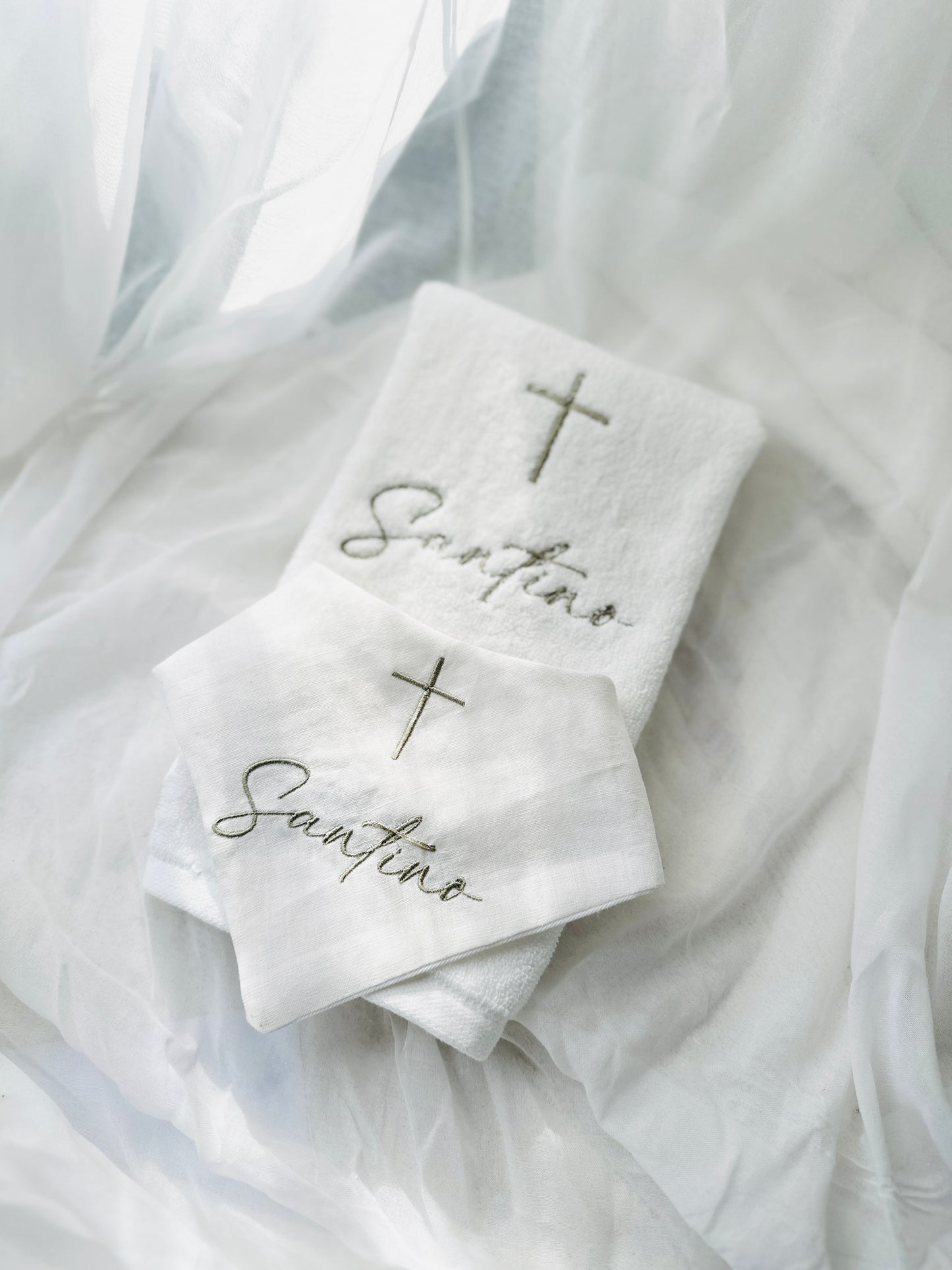 White linen Baptism Christening bib with optional embroidery