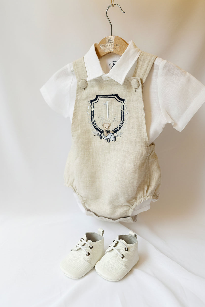 Beige linen baptism and birthday romper and shirt set