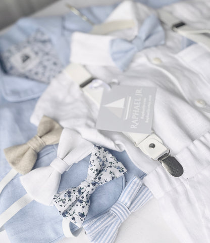 White linen Baptism Suit outfit with optional blue jacket and Accessories