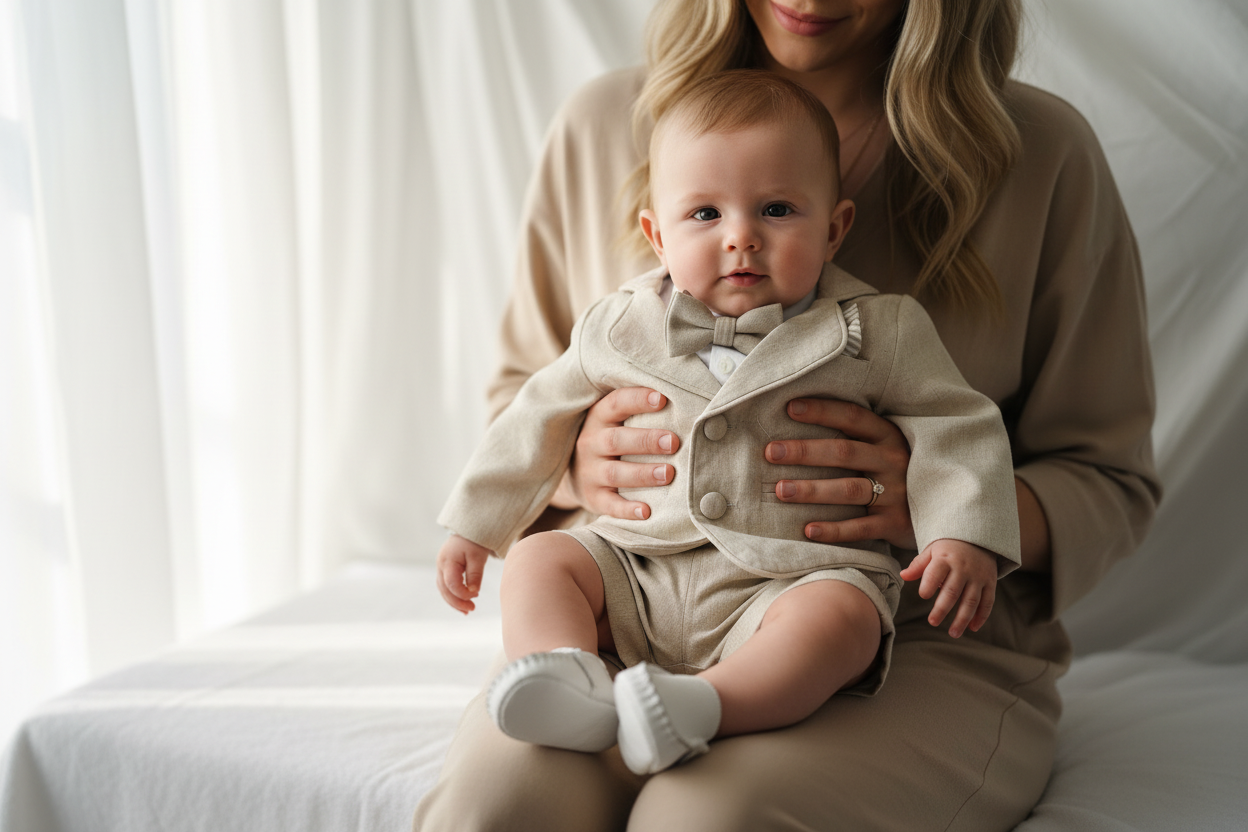 Beige Linen Baptism outfit with suspender shorts, shirt, and bow tie plus optional jacket and embroidery