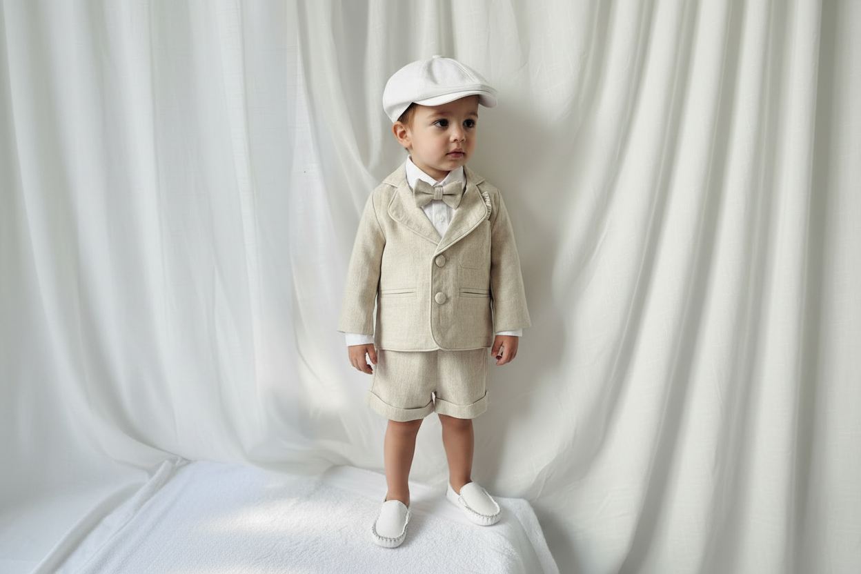 Beige Linen Baptism outfit with suspender shorts, shirt, and bow tie plus optional jacket and embroidery