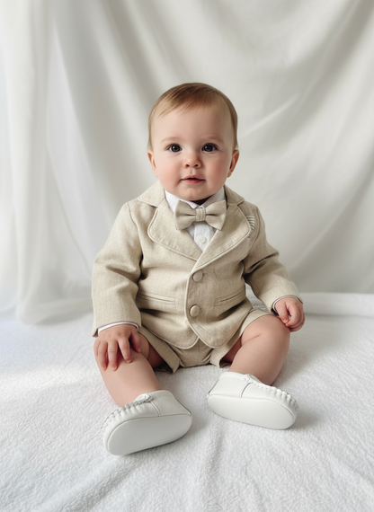 Beige Linen Shorts Shirt Suspenders and Vest set with Optional Cap Jacket and Embroidery