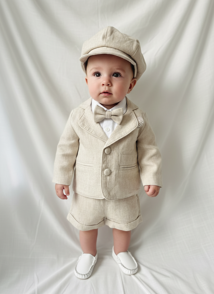 Beige Linen Baptism outfit with suspender shorts, shirt, and bow tie plus optional jacket and embroidery