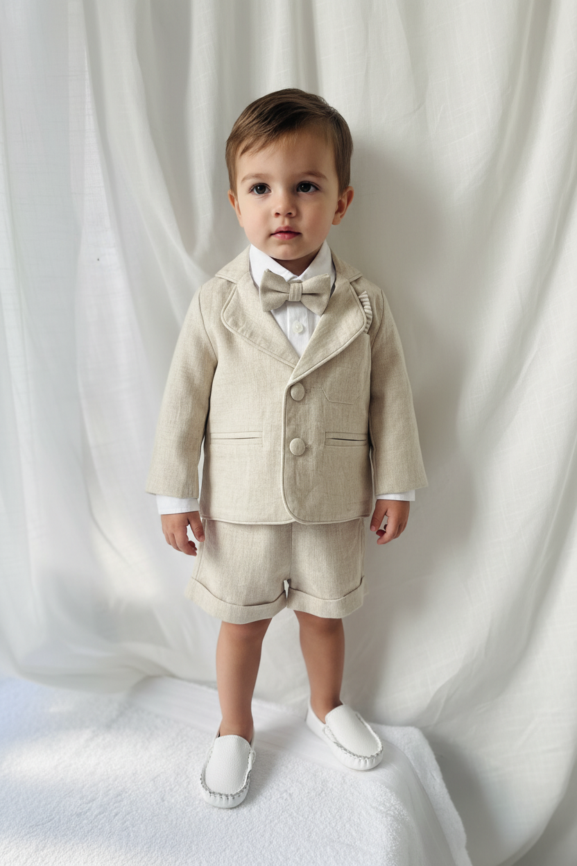 Beige Linen Baptism outfit with suspender shorts, shirt, and bow tie plus optional jacket and embroidery