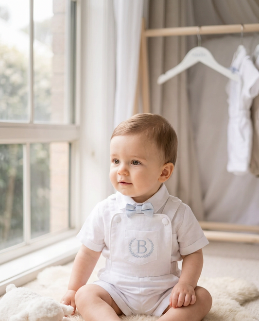 Boys white pure linen overalls suspender shorts with optional shirt and embroidery