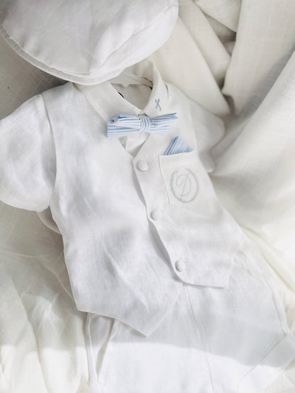 White linen Baptism vest set with shirt, suspender shorts, bowtie and optional embroidery cap and shoes