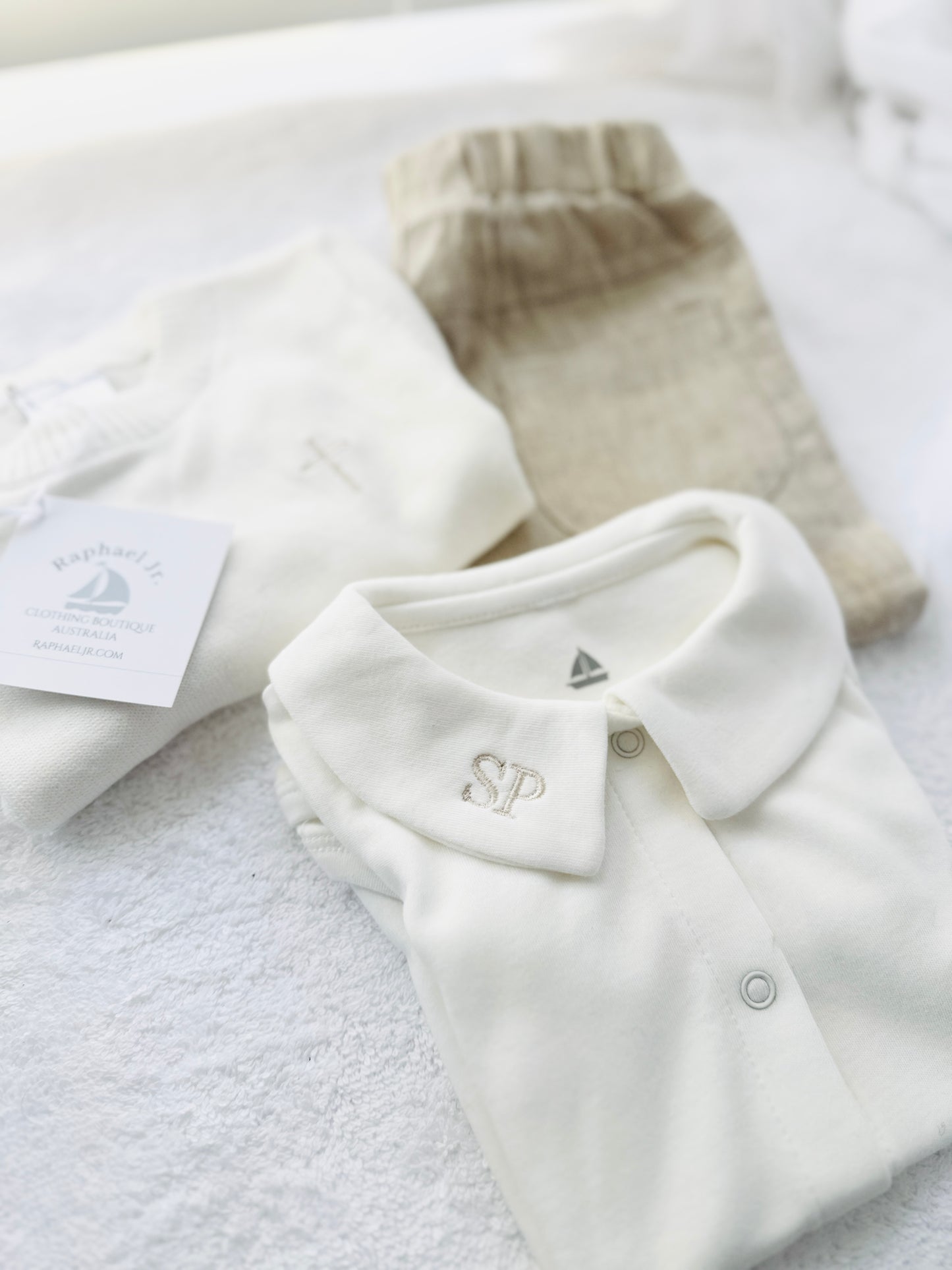 Baptism outfit with cotton onesie and jumper and linen pants
